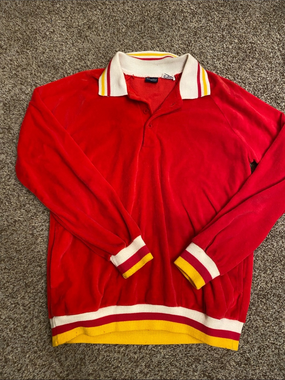 Men's Red Long-Sleeve Velour Polo Sweatshirt with Contrast Trim